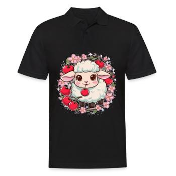 Mouton Kawaii aux cerises et fleurs de cerisier Sakura - Polo Homme - noir - Devant - Kai (181cm)