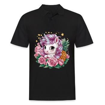 Süßes Cartoon Kawaii Einhorn mit Rosen & Ananas - Männer Poloshirt - Schwarz - Vorne - Kai (181cm)