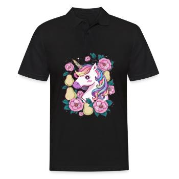 Licorne Kawaii avec Poires & Fleurs - Polo Homme - noir - Devant - Kai (181cm)