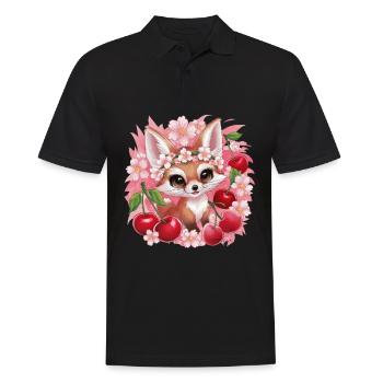 Renard kawaii avec des cerises et des fleurs de cerisier Sakura - Polo Homme - noir - Devant - Kai (181cm)