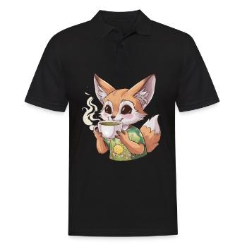 Cartoon Kawaii Fennec Desert Fox with Green Tea - Men's Polo Shirt - black - Front - Kai (181cm)