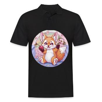 Renard kawaii avec des cerises et des fleurs de cerisier Sakura - Polo Homme - noir - Devant - Kai (181cm)