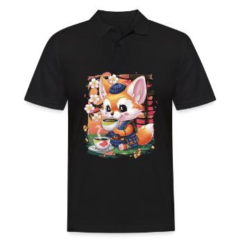 Cartoon Kawaii Fennec Desert Fox with Green Tea - Men's Polo Shirt - black - Front - Kai (181cm)