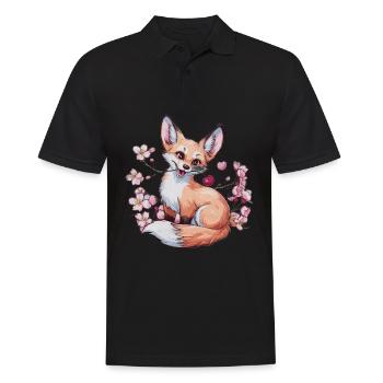Renard kawaii avec des cerises et des fleurs de cerisier Sakura - Polo Homme - noir - Devant - Kai (181cm)