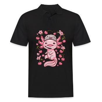 Axolotl mit Kirschen und Sakura Kirschblüten - Männer Poloshirt - Schwarz - Vorne - Kai (181cm)