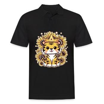 Tiger mit Krone und prachtvollen Sonnenblumen - Männer Poloshirt - Schwarz - Vorne - Kai (181cm)