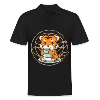 Tiger im Cartoon Stil mit grünem Tee - Männer Poloshirt - Schwarz - Vorne - Kai (181cm)