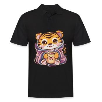 Tigre Kawaii avec tasse et couverture - Polo Homme - noir - Devant - Kai (181cm)