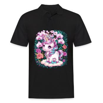 Licorne kawaii avec des roses et des orchidées - Polo Homme - noir - Devant - Kai (181cm)