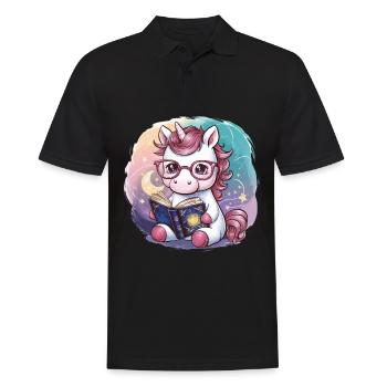 Kawaii Einhorn mit Brille und Buch - Männer Poloshirt - Schwarz - Vorne - Kai (181cm)
