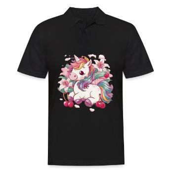 Dessin animé Licorne Kawaii avec des cerises et des lys - Polo Homme - noir - Devant - Kai (181cm)