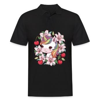Dessin animé Licorne Kawaii avec des cerises et des lys - Polo Homme - noir - Devant - Kai (181cm)
