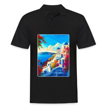 Santorini Griechenland Vintage Reiseplakat Souvenir - Männer Poloshirt - Schwarz - Vorne - Kai (181cm)