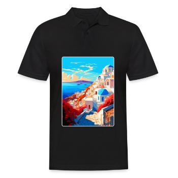 Santorini Griechenland Vintage Reiseplakat Souvenir - Männer Poloshirt - Schwarz - Vorne - Kai (181cm)