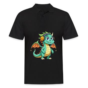 Drache Lustige Zeichentrickfigur Kopfhörer Musik - Männer Poloshirt - Schwarz - Vorne - Kai (181cm)