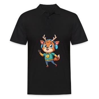 Hirsch Lustige Cartoon Figur Kopfhörer Musik - Männer Poloshirt - Schwarz - Vorne - Kai (181cm)