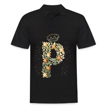 Monogramm Buchstabe P mit Krone, florales Ornament - Männer Poloshirt - Schwarz - Vorne - Kai (181cm)