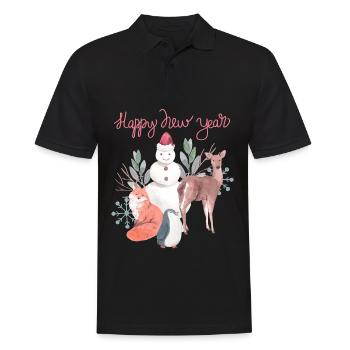 Bonne année avec bonhomme de neige et cerf - Polo Homme - noir - Devant - Kai (181cm)