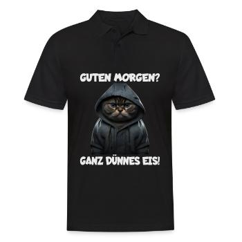 Witzige Katze mit dem Spruch GUTEN MORGEN! - Männer Poloshirt - Schwarz - Vorne - Kai (181cm)