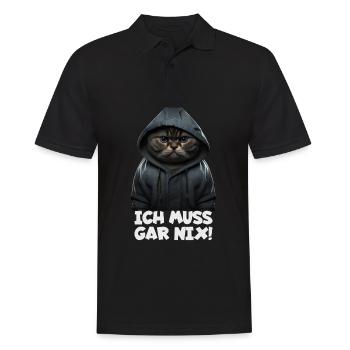 Witzige Katze mit dem Spruch ICH MUSS GAR NIX! - Männer Poloshirt - Schwarz - Vorne - Kai (181cm)