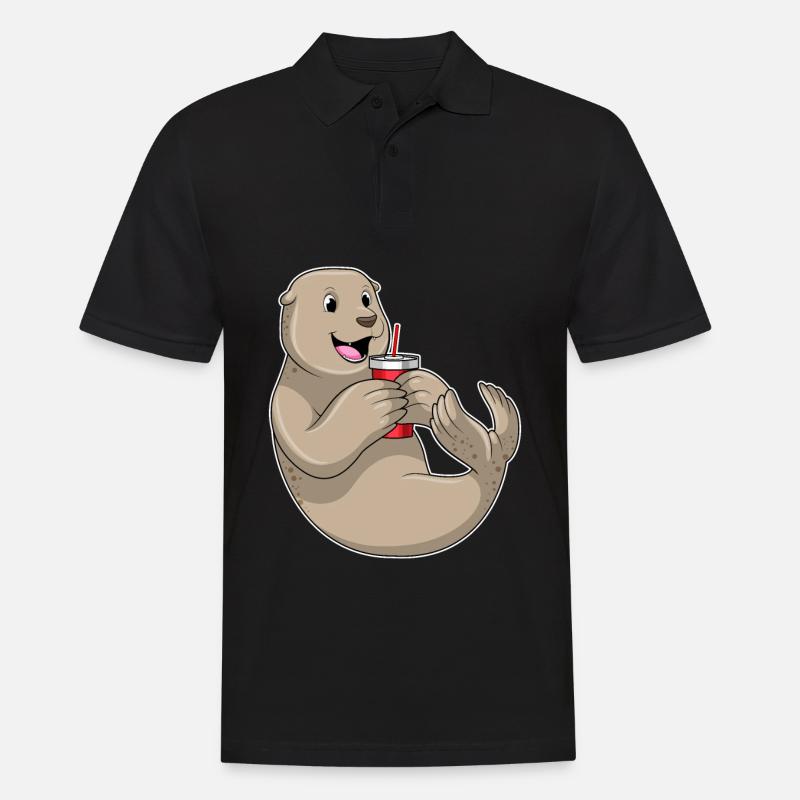 Seehund mit Becher mit Strohhalm - Männer Poloshirt - Schwarz