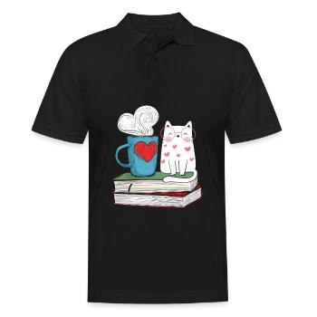 Niedliche Katze und Kaffee Buch Literatur Lesen - Männer Poloshirt - Schwarz - Vorne - Kai (181cm)