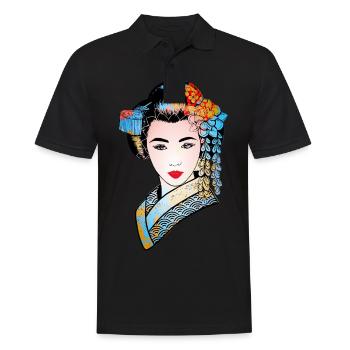 Geisha japonaise chrysanthème Kimono 107 - Polo Homme - noir - Devant - Kai (181cm)