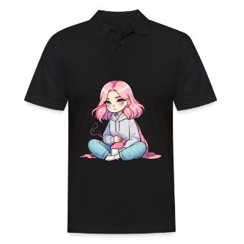 Fille animée confortable avec des cheveux roses et du thé - Polo Homme - noir - Devant - Kai (181cm)