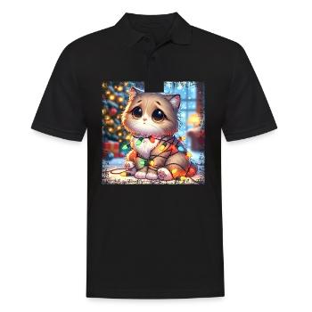 Süße Weihnachtskatze - Lichterketten-Chaos im - Männer Poloshirt - Schwarz - Vorne - Kai (181cm)