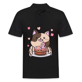 Mollige Katze Hält Eine Geburtstagstorte 2. - Männer Poloshirt - Schwarz - Vorne - Kai (181cm)