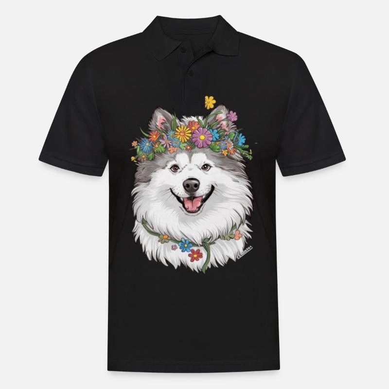Samojede Hund mit Blumenkrone - Männer Poloshirt - Schwarz