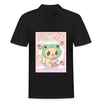 Japanese Aesthetic Kawaii Katze Frog Erdbeermilch - Männer Poloshirt - Schwarz - Vorne - Kai (181cm)