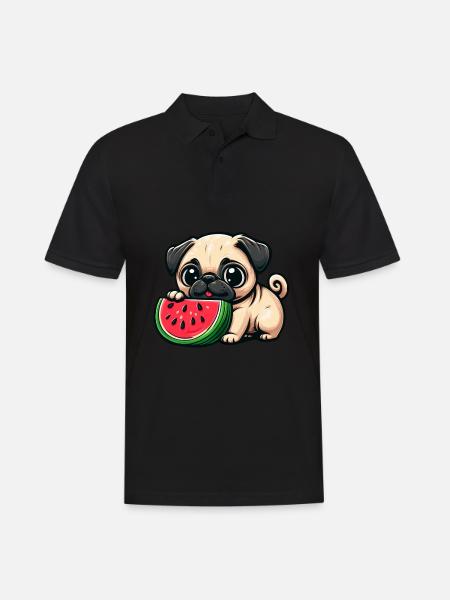 Lustiger Comic Mops Hund isst Wassermelone - Männer Poloshirt - Schwarz