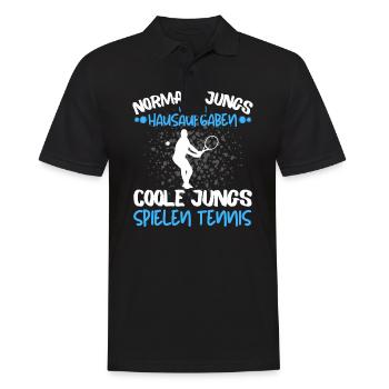 COOLE JUNGS SPIELEN TENNIS! COOLES TENNIS SPRUCH - Männer Poloshirt - Schwarz - Vorne - Kai (181cm)