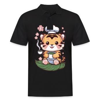 Tiger im Cartoon Stil mit grünem Tee - Männer Poloshirt - Schwarz - Vorne - Kai (181cm)