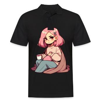 Gemütlicher Anime-Stil mit Tee und Wärmflasche - Männer Poloshirt - Schwarz - Vorne - Kai (181cm)