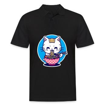 Niedliche Katze isst Ramen - Anime - Manga - Männer Poloshirt - Schwarz - Vorne - Kai (181cm)