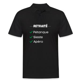 t-shirt retraité: pétanque, apéro, sieste, humour - Polo Homme - noir - Devant - Kai (181cm)