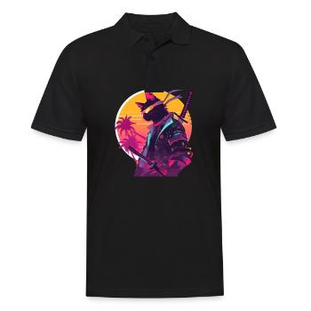 Chat samouraï des années 80 Style Vintage - Polo Homme - noir - Devant - Kai (181cm)