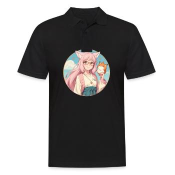 Fox Girl: Anime Style Charm with a Fox - Men's Polo Shirt - black - Front - Kai (181cm)