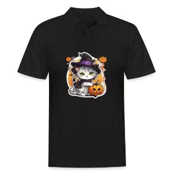 Weiße katze Katze Halloween Katze Hexe hexen Hut - Männer Poloshirt - Schwarz - Vorne - Kai (181cm)
