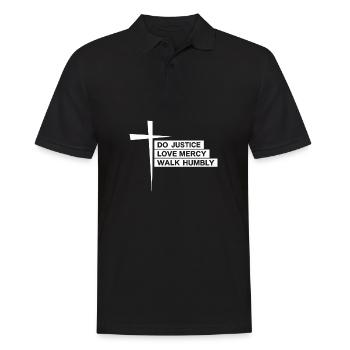 Tue Gerechtigkeit Liebe Barmherzigkeit Wandele demütig Bibel Micha 6,8 - Männer Poloshirt - Schwarz - Vorne - Kai (181cm)