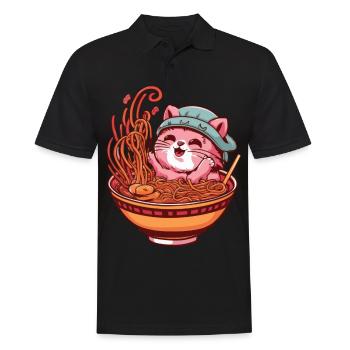 Chat Kawaii avec bol de Ramen - Polo Homme - noir - Devant - Kai (181cm)
