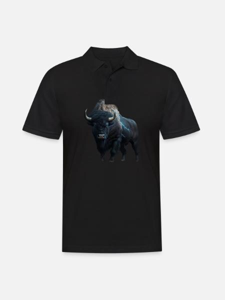 Bison schwarz Büffel mit Blitzen und Donner stark - Männer Poloshirt - Schwarz