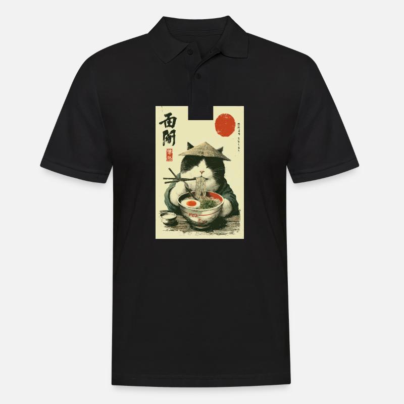 Samurai-Katze genießt Ramen - Männer Poloshirt - Schwarz