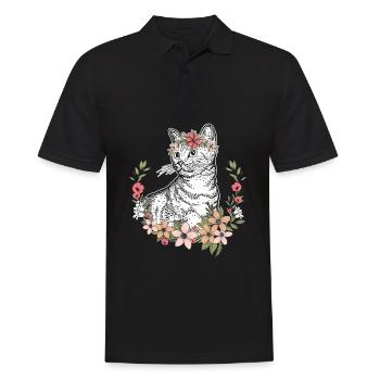 Katze mit Blumen Mädchen - Katzenliebhaber Katzen - Männer Poloshirt - Schwarz - Vorne - Kai (181cm)