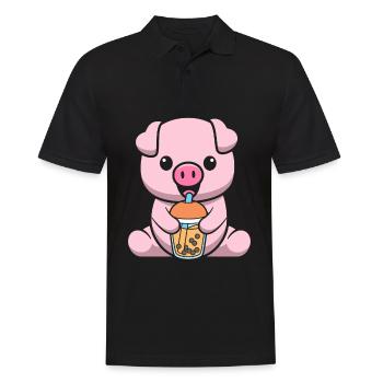Bubble Milk Tea Pig Drinking Boba Milk Tea - Men's Polo Shirt - black - Front - Kai (181cm)