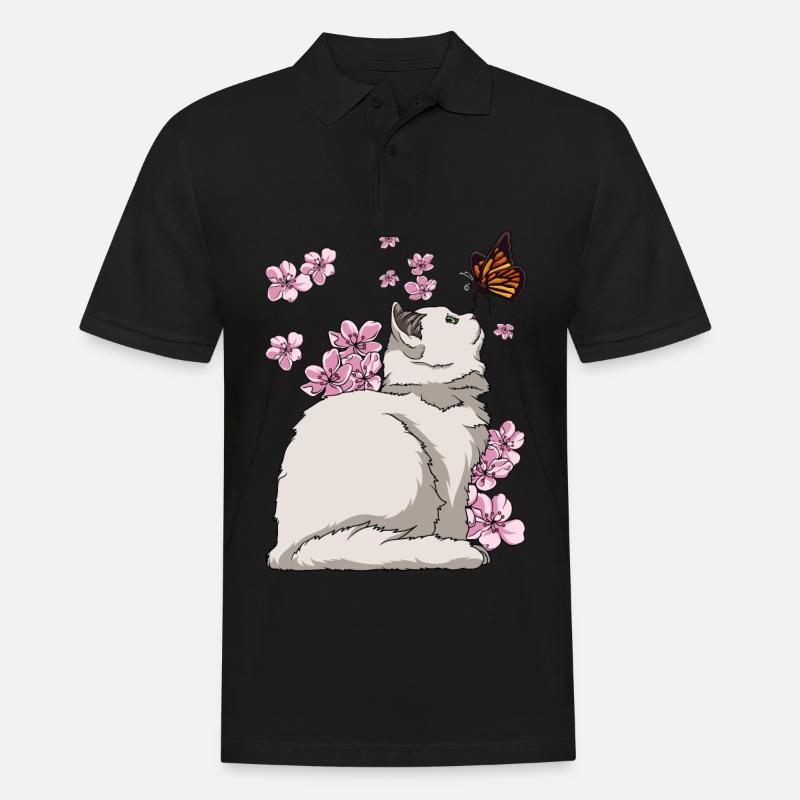 Chat japonais en fleurs de cerisier - Polo Homme - noir