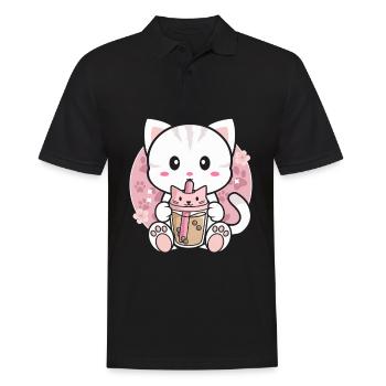 Katze Bubble Tea Süße Katze trinkt Bubble Tee - Männer Poloshirt - Schwarz - Vorne - Kai (181cm)