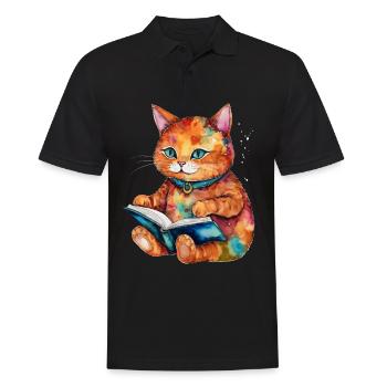 Katze Lesen Buch Bunt Lustig Tier Design Print - Männer Poloshirt - Schwarz - Vorne - Kai (181cm)